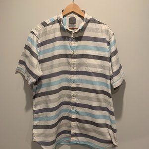 Striped Blue, Gray, White Short Sleeved Button Down Shirt, Thomas Dean XL